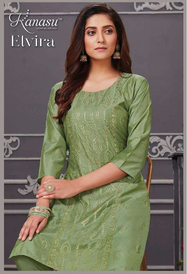 ELVIRA SERIES 701 TO 708 KURTI BY KANASU DESIGNER CHANDERI SILK KURTIS ARE AVAILABLE AT WHOLESALE PRICE